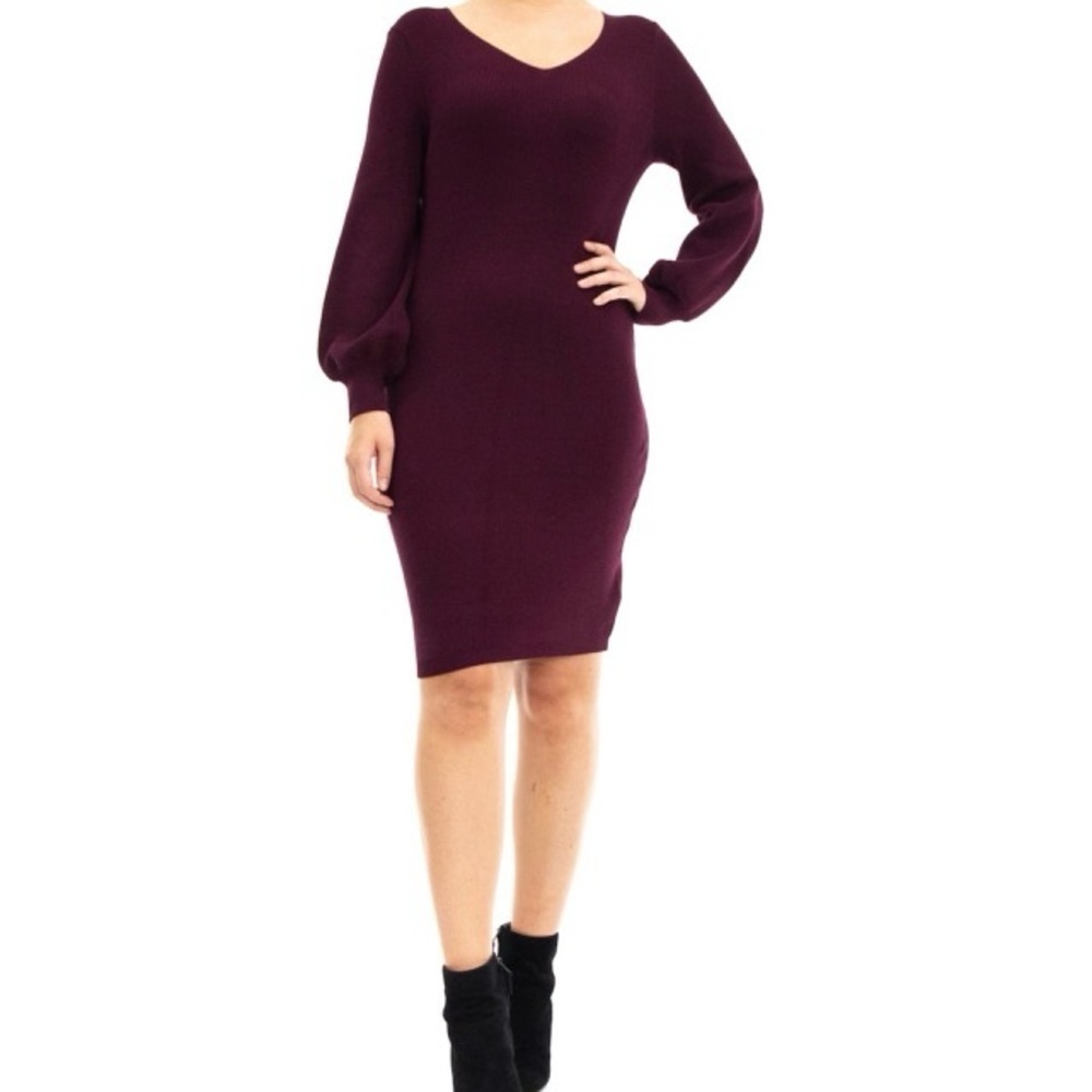 Nina Leonard Purple Sheath Dress with V-Neck Bishop Sleeves